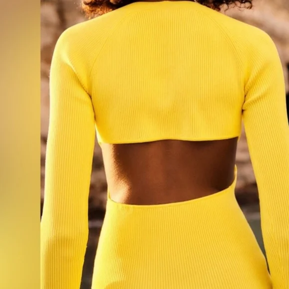 Zara Vibrant Yellow Long Sleeve Bodycon Ribbed Knit Mini Dress SIZE M. - Picture 2 of 10